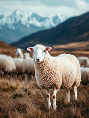 Naklejka premium Close-up of a wool sheep in a field. Behind her the rest of the flock.