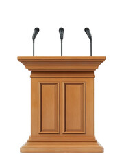 a wooden podium with three microphones positioned on top. suggesting it is intended for speeches or presentations the podium features a classic design with two panels on the front. set against a plain