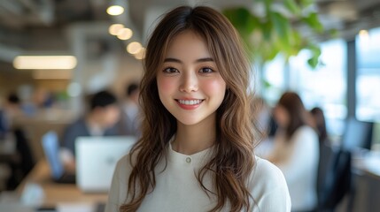 Obraz premium Professional woman smiling in modern office business environment lifestyle shot positive atmosphere