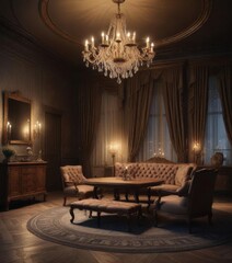 Elegant room with chandelier and dusty furniture at night,  dusty furniture,  vintage room
