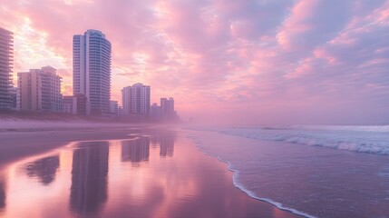 A tranquil beach at sunrise, Beachfront skyscrapers in sunrise reflections, modern beachfront skyscrapers with pastel sky, dreamy beachfront skyscrapers for coastal cityscapes