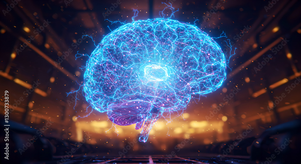 Poster glowing blue digital brain with neural connections floating in dark science auditorium. artificial i