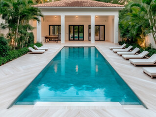 Fototapeta premium A contemporary villa featuring a sleek swimming pool and elegant decor. The combination of warm architecture, tropical plants, and calm water enhances the luxurious ambiance.