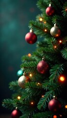 Fototapeta premium Evergreen tree adorned with sparkling ornaments and colorful lights, Christmas tree, season