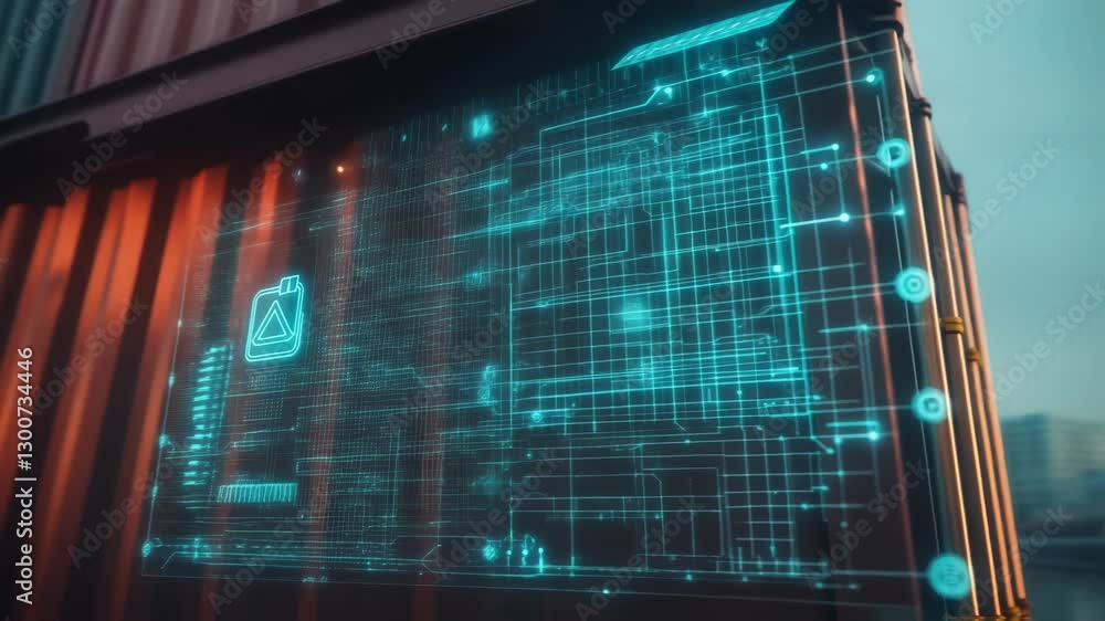 Poster futuristic interface displaying data and information on shipping containers at a port terminal, show