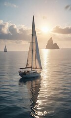 Sailboat anchored in calm waters with sails unfurled,  sail,  boat,  nature