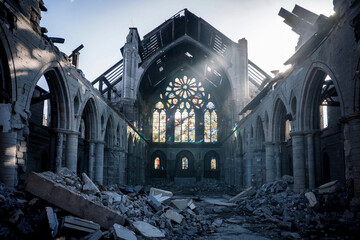 Ruins of a bombed cathedral showcasing destruction and remnants of stained glass windows