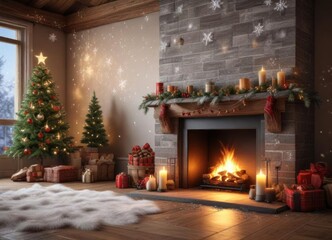 Festive holiday scene with decorated fireplace and snowflakes falling from sky,  crackling flames, christmas