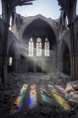 Bombed cathedral interior shows colorful light through shattered stained glass in a war-torn setting