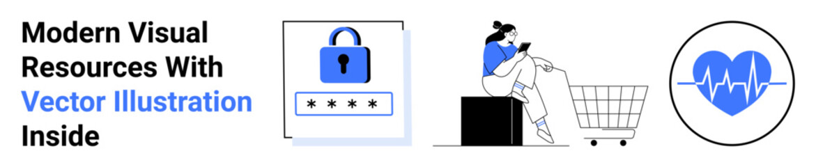Padlock and password field for security, a woman with a smartphone next to a shopping cart for e-commerce, and a heart with a pulse line for health. Ideal for technology, security, online shopping