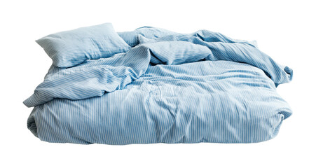 Obraz premium Cozy bedding arrangement featuring soft blue and white striped duvet and pillows for a serene bedroom atmosphere, cut out