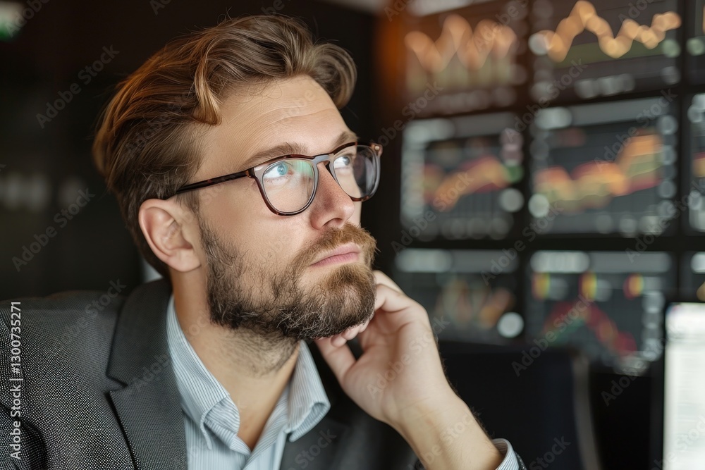 Poster thoughtful businessman analyzing financial data in modern office environment with graphs and charts 