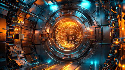Fototapeta premium financial wealth regulation. Digital representation of Bitcoin in a futuristic setting.