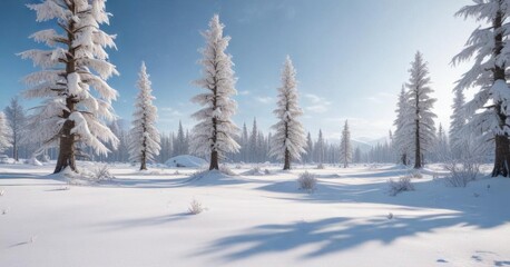 Frozen polar landscape with snow-covered trees at North Pole,  snowy, snow