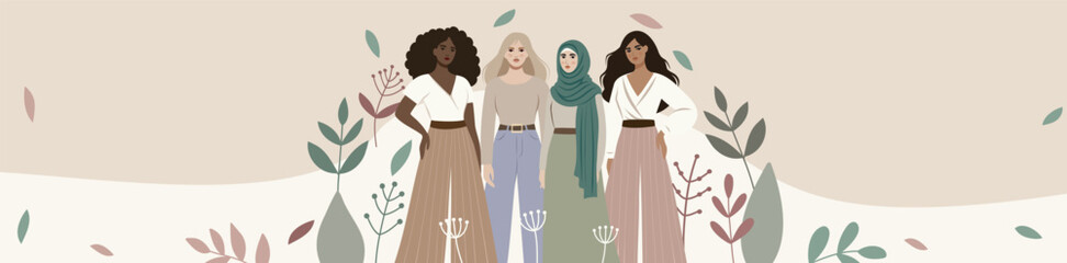 International Women's Day. Different women together on the background of flowers, gender equality, the fight for women's empowerment. For women's projects. Vector banner place for text