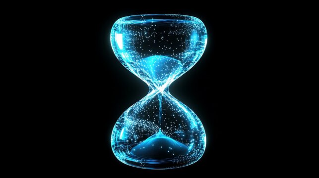 A futuristic holographic hourglass with digital particles flowing, displayed on a solid black background.