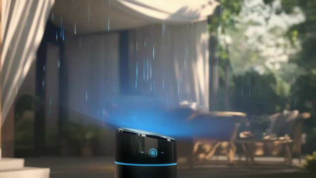 In a tranquil outdoor patio scene a holographic virtual assistant promotes relaxation by projecting soothing ambient sounds and light settings while offering personalized suggestions