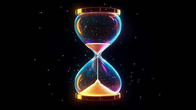 A futuristic holographic hourglass with digital particles flowing, displayed on a solid black background.