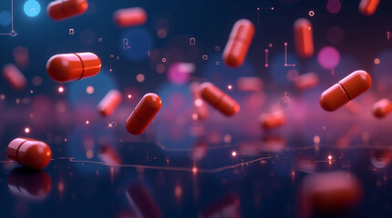 3D Rendering of Red and Blue Pills and Capsules on White Background for Medical and Pharmaceutical Concepts