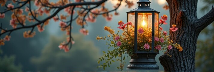 Enchanting lantern with blossoms hanging from tree at twilight in peaceful garden