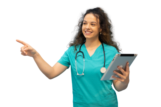 Smiling doctor holding tablet and pointing finger on transparent background - Powered by Adobe