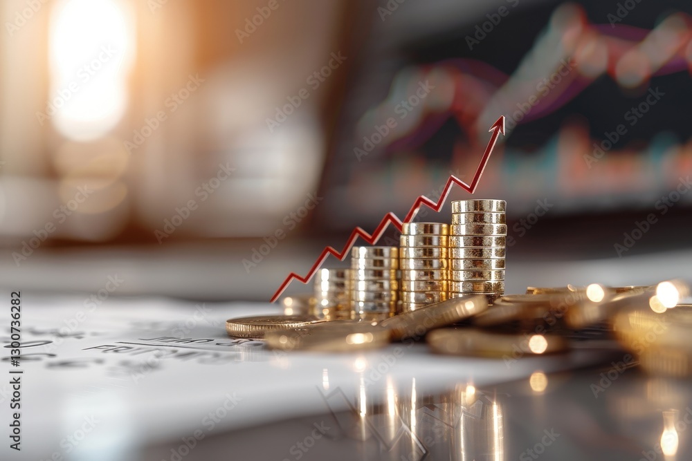 Poster stacked coins with growth graph representation on financial report background in modern office envir