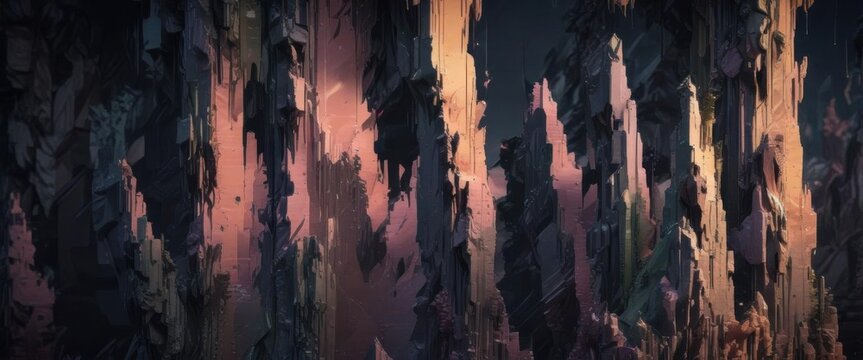 Glitchy pixel art texture with distorted shapes and fractured lines,  glitch,  digital distortion