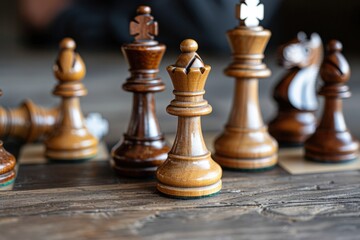 Close-Up View of Wooden Chess Pieces with Focused King and Queen on Rustic Wooden Table