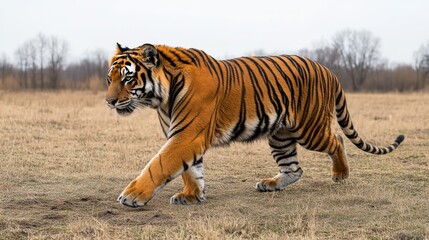 Majestic bengal tiger in natural habitat walking through grassland