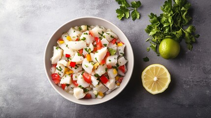 Chilean ceviche with hake fish, lemon zest, and rocoto chili, styled in a minimalist fashion with geometric garnishes, displayed on a matte grey background