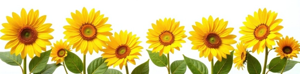 Fototapeta premium Vibrant yellow sunflowers in full bloom, isolated on white , green, seeds