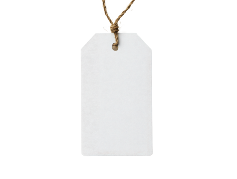 A blank white rectangular tag hanging on a string, isolated against a solid  transparent background