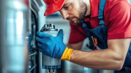 Air conditioner technician fixing unit in home closeup shot indoor setting focused approach