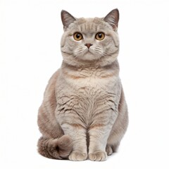 Cream-Colored Cat with Amber Eyes Sitting on White Background.