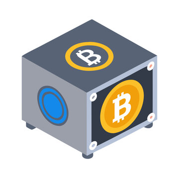 Isometric bitcoin mining rig with symbols and blue accents