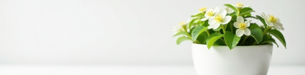 Fototapeta premium Miniature Schefflera in white pot, pure white backdrop , white, minimal