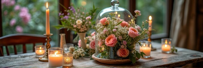 Obraz premium Elegant floral centerpiece with pink roses and candles on rustic wooden table