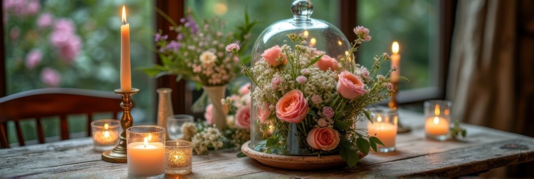 Elegant floral centerpiece with pink roses and candles on rustic wooden table