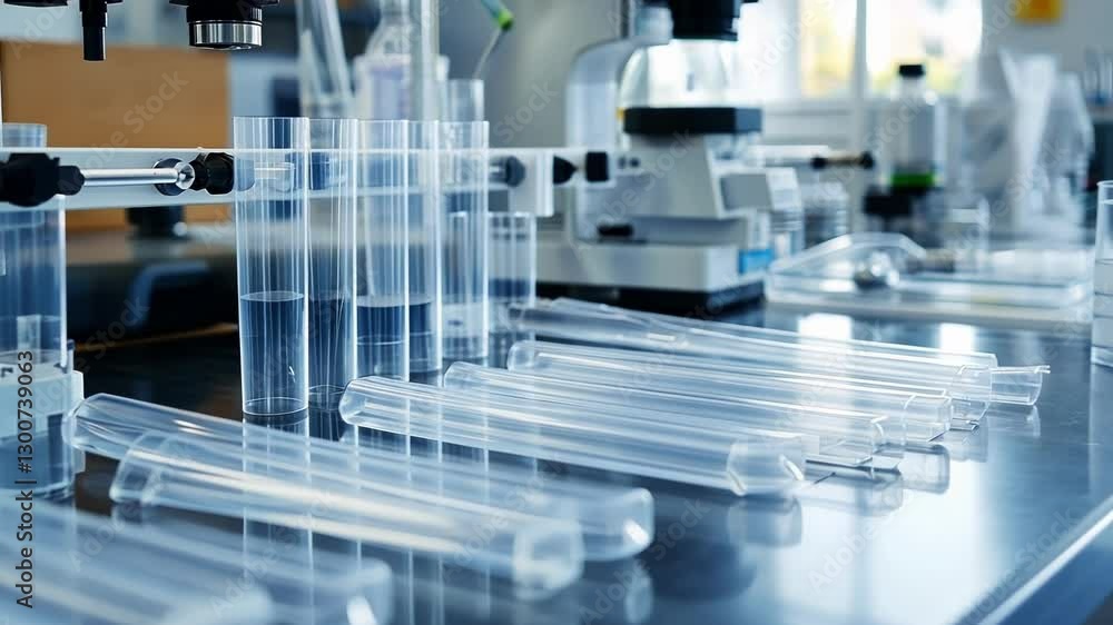 Aufkleber modern laboratory setting showcasing microscopes and test tubes, emphasizing precision and innovatio