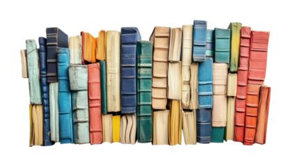 Vintage book collection displaying various colors and textures stacked together for a classic literary atmosphere in a cozy reading space, cut out