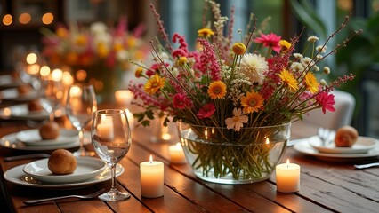Elegant table setting with colorful floral centerpiece and candlelight ambience