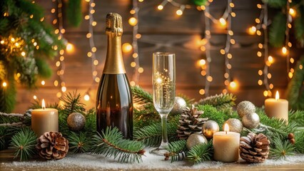 Luxurious champagne bottle on a table with festive holiday decorations, surrounded by greenery and candles, winter