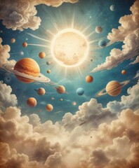 Hand-drawn illustration of a retro sky pattern featuring clouds, sun, and planets on aged paper texture ,  texture,  illustration,  space