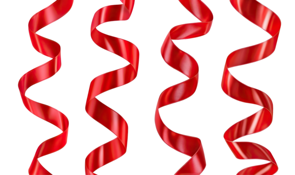 Set of flowing red satin ribbons with elegant curves, isolated on transparent cutout background