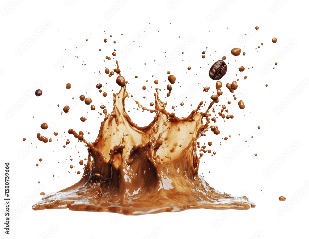 Poster dynamic splash of coffee with roasted beans surrounded by droplets in a minimalist style for a moder
