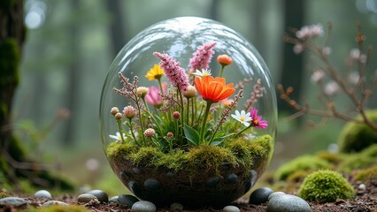 Vibrant wildflowers enclosed in glass orb capsule in misty forest setting