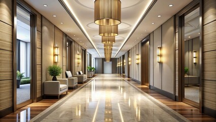 A long corridor in a hotel with elegant lighting and modern decor, featuring sleek floor-to-ceiling windows, high ceilings, and minimalist furniture, high ceiling, hotel corridor