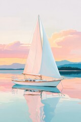 Naklejka premium Sailing into the sunset on a calm lake with pastel skies