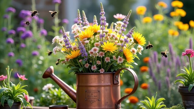 Colorful flower bouquet in watering can with bees in lush garden setting
