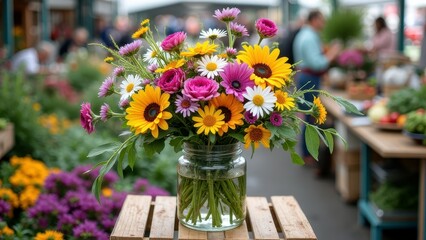 Fototapeta premium Colorful bouquet of sunflowers and daisies at a vibrant outdoor market